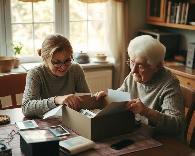 An adult daughter helping her elderly mother sort through keepsakes