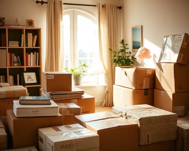 Cardboard boxes and items being sorted in a sunlit living room