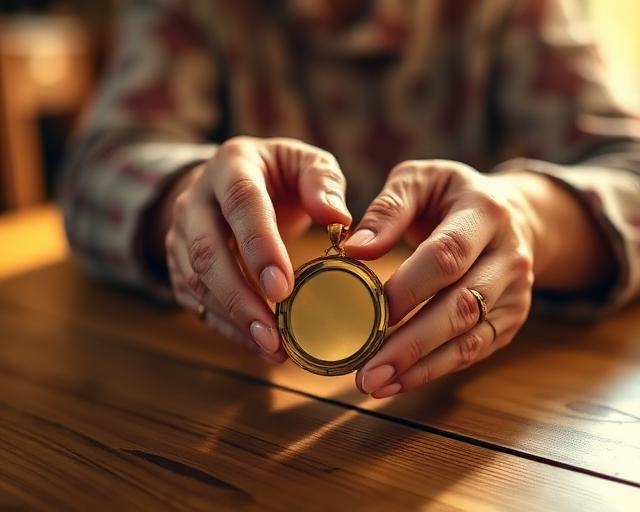 An elderly woman's hands gently holding a vintage gold locket