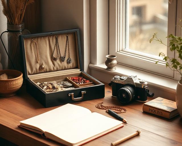 A jewelry box with vintage pieces and collectibles on a desk