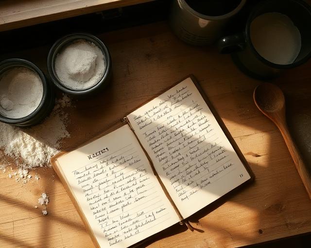 Handwritten recipe cards and a worn cookbook on a rustic kitchen counter